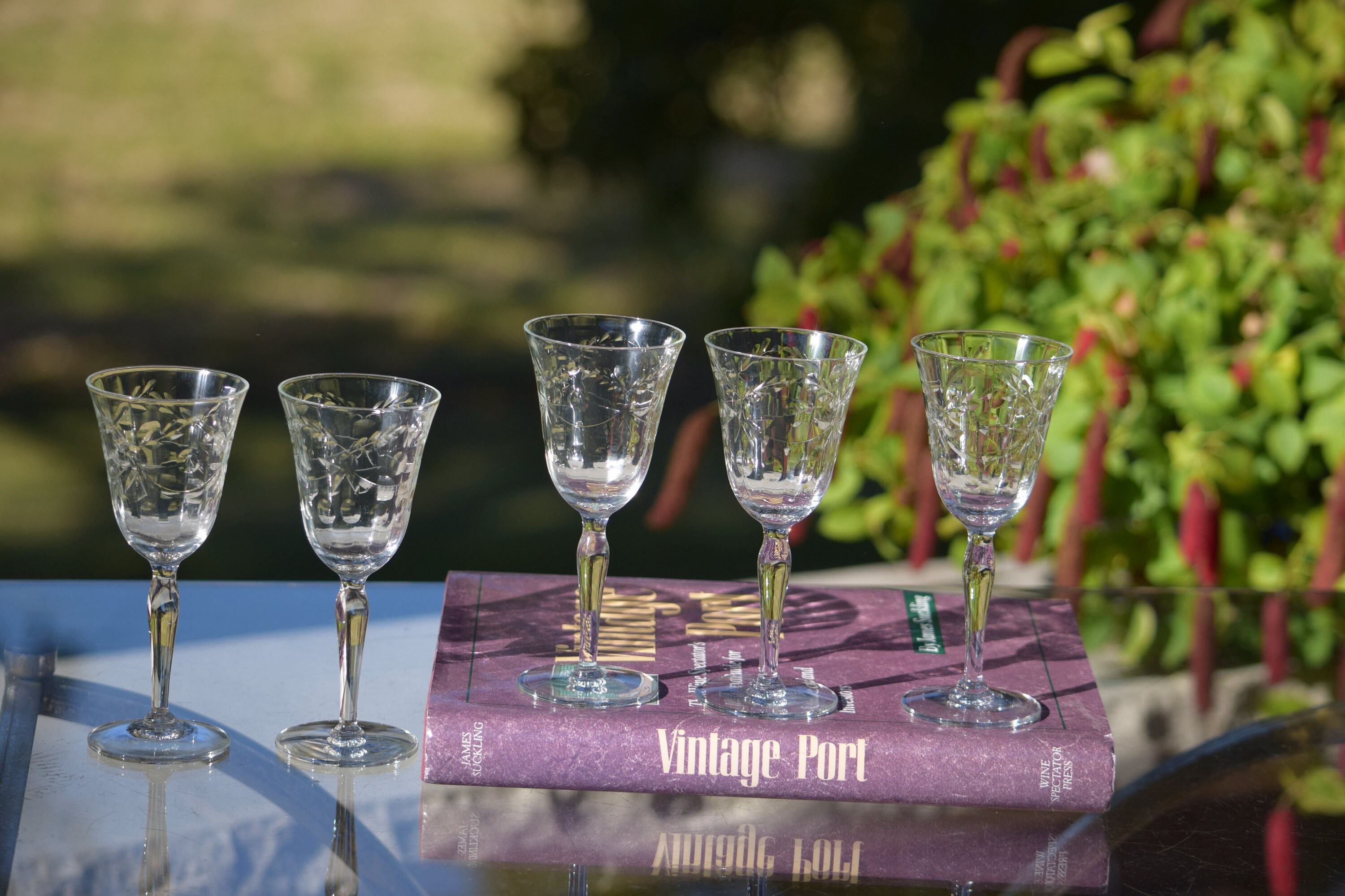 5 Vintage Etched Wine Liquor Glasses, 3 oz After Dinner Drink Glasses