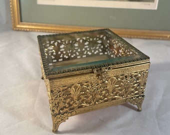 Vintage Gold ~ Brass Glass Jewelry Box, 1950's Brass Floral Jewelry Box with Glass Top, Vintage Jewelry storage