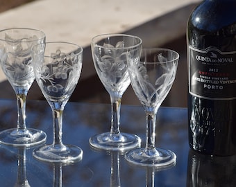 Vintage Etched Floral Port Wine Glasses, Mismatched Set of 6, Sherry Cordials