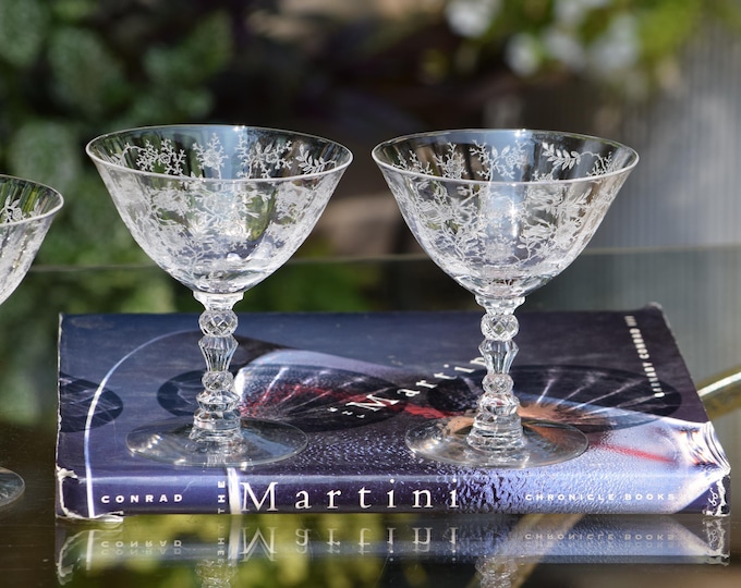 Featured listing image: 4 Vintage Etched CRYSTAL Cocktail Martini glasses, Fostoria, circa 1940's, Martini Glasses, Girls Night Cocktails