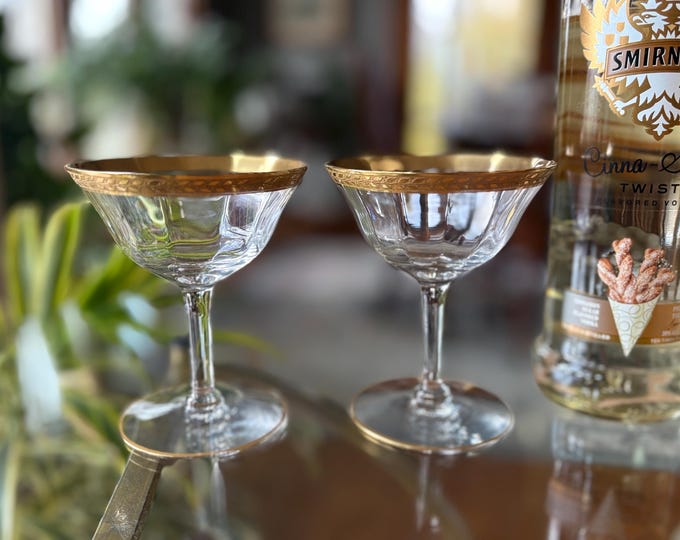 Vintage Gold Cocktail Glasses - 1940s Tiffin Franciscan, Set of 5, Vintage Martini glasses, Champagne Toasting Glasses