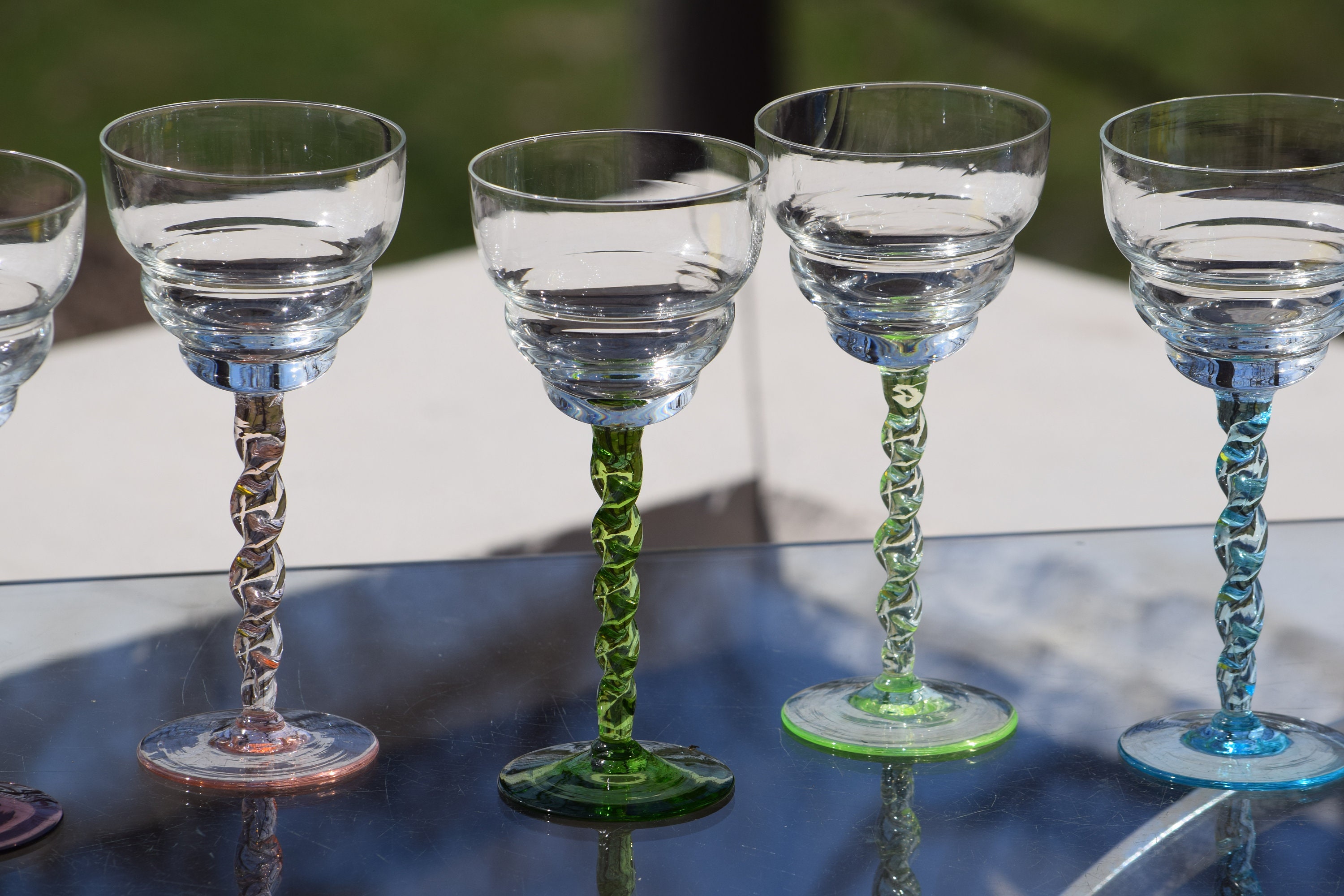 Vintage Multi Colored Clear Twisted Stem Wine Glasses Set of 4, 4