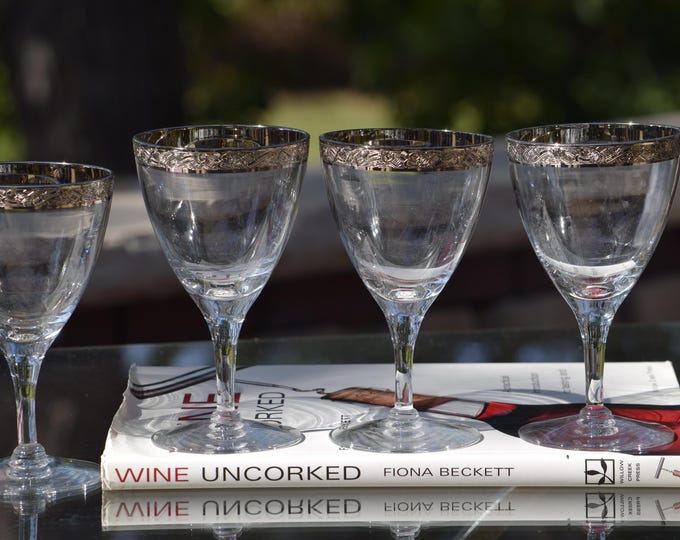 CLASSY LOOK! 6 Vintage Platinum ~ Chrome Encrusted Crystal Wine Glasses, Fostoria, Mantilla, 1960's,  Water Goblets, Vintage Wedding Glasses