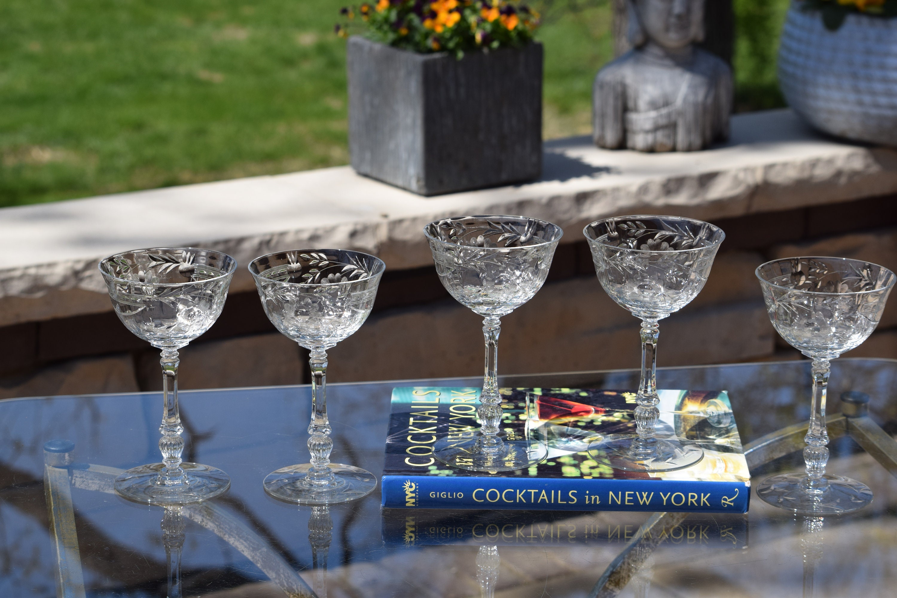 5 Vintage Etched Cocktail ~ Martini Glasses, Tiffin Franciscan, 1950's,  Nick and Nora, Mixologist Craft Cocktails ~ Champagne Glass