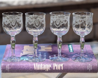 4 Vintage Etched Wine Cordials ~ Glasses, Fry Glass, 1930's, 3 oz Port Wine Glasses, Vintage Port Wine Cordials, After Dinner Wine Glasses