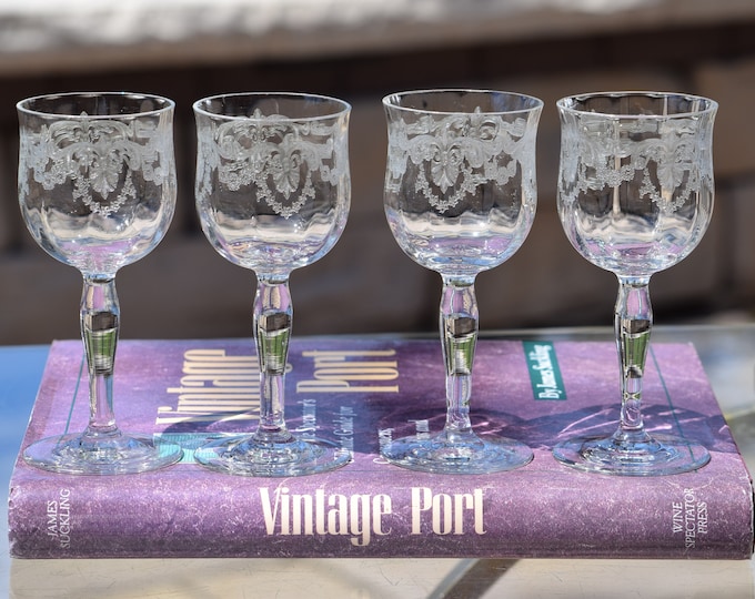 SIPPING DESSERT WINE? 4 Vintage Etched Wine Cordials ~ Glasses, Fry Glass 1930's 3 oz Port Wine Glasses ~Cordials, After Dinner Wine Glasses