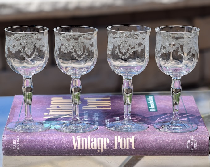 4 Vintage Etched Wine Cordials ~ Glasses, Fry Glass, 1930's, 3 oz Port Wine Glasses, Vintage Port Wine Cordials, After Dinner Wine Glasses