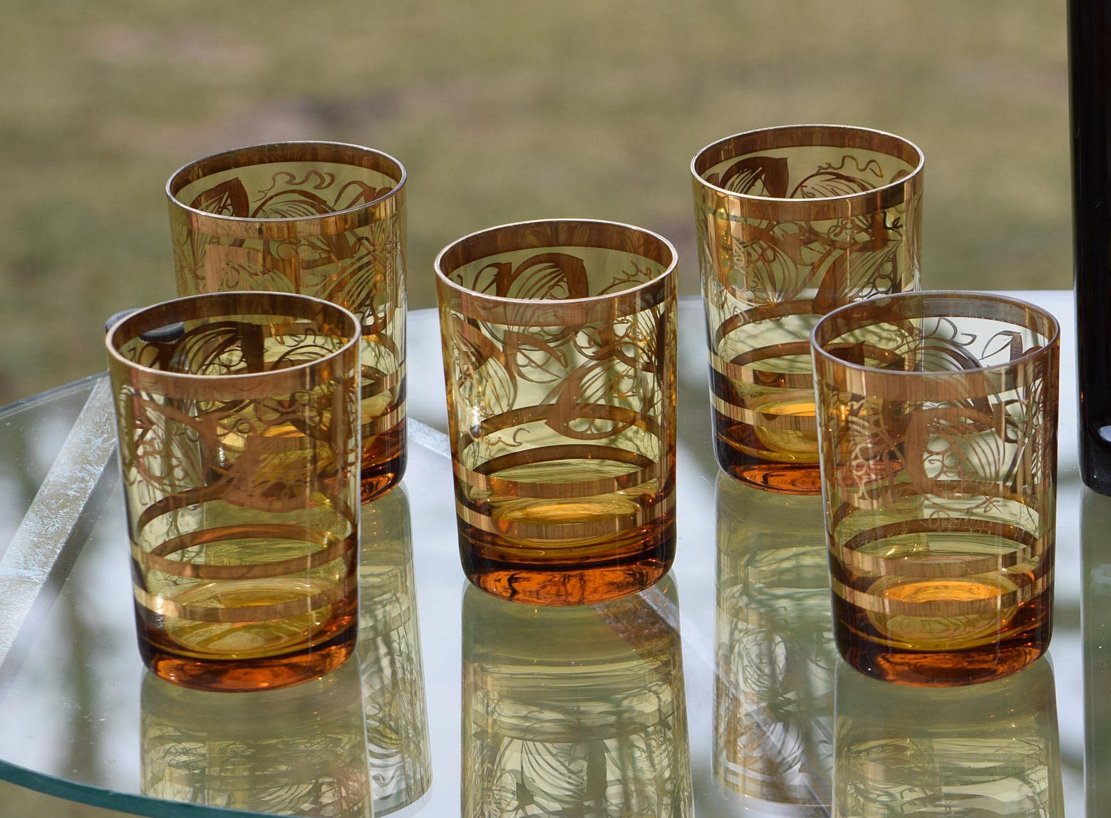 Vintage Cocktail Pitcher with glasses, 1950's Amber Glass Polished