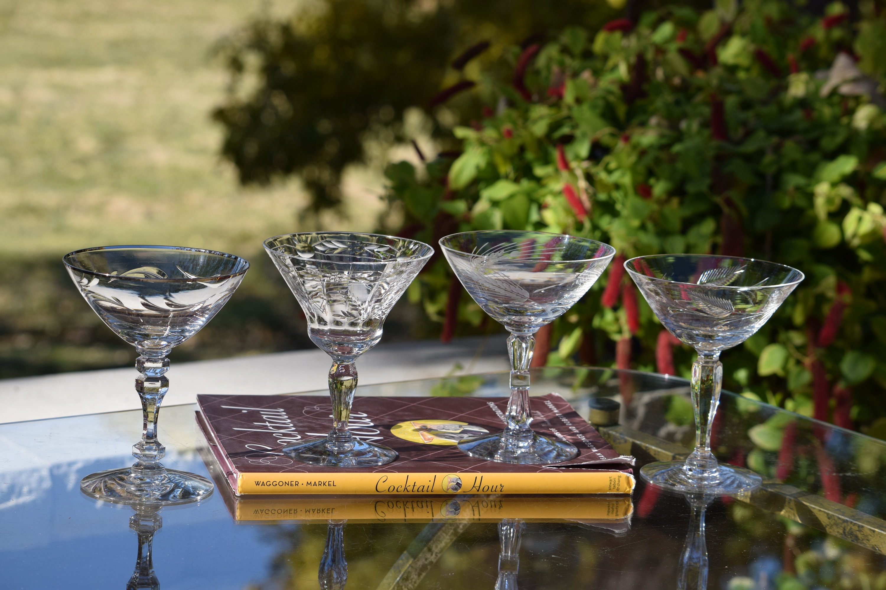 4 Vintage Etched Cocktail Martini Glasses, Set of 4 MisMatched Mixed