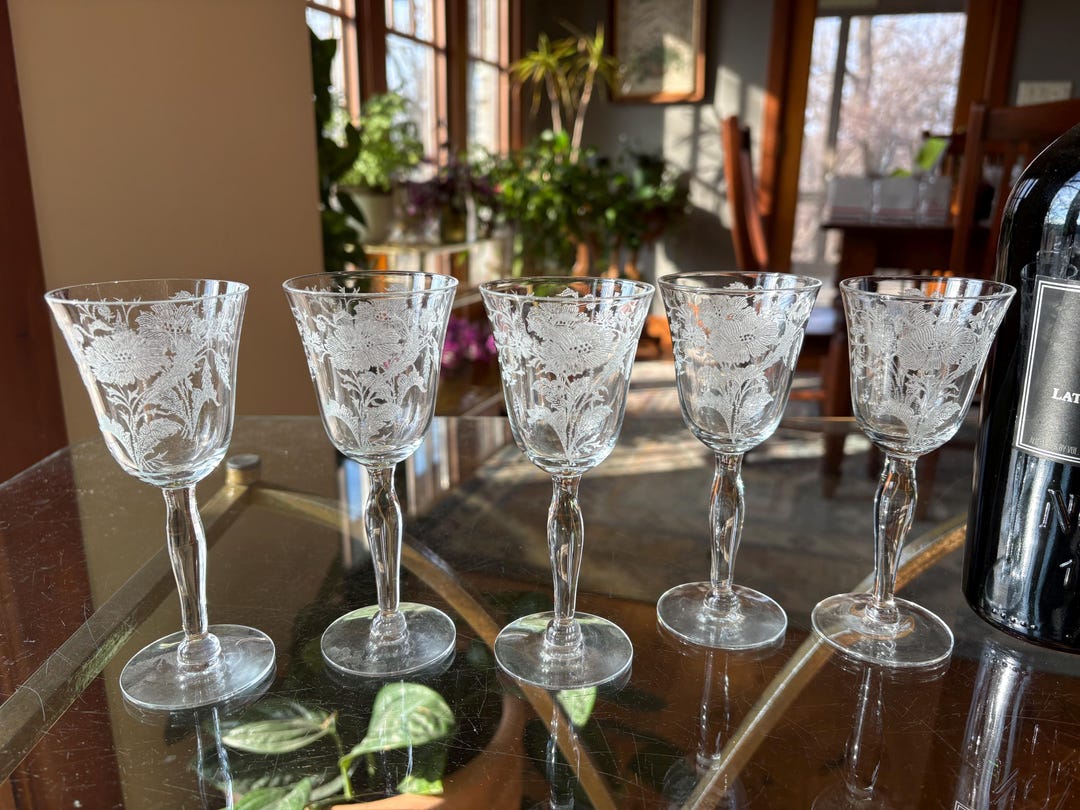 Port Diffin SIPPING PORT? 5 Vintage Etched Port Wine Glasses, Tiffin Franciscan ...