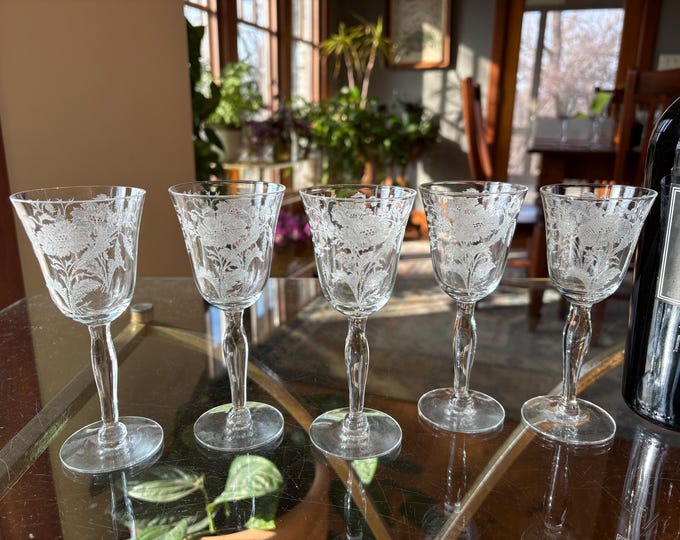 SIPPING PORT?  5 Vintage Etched Port Wine Glasses, Tiffin Franciscan, 1940's  3.5 oz  After Dinner Drink Glasses, Port Wine ~ Dessert Wines