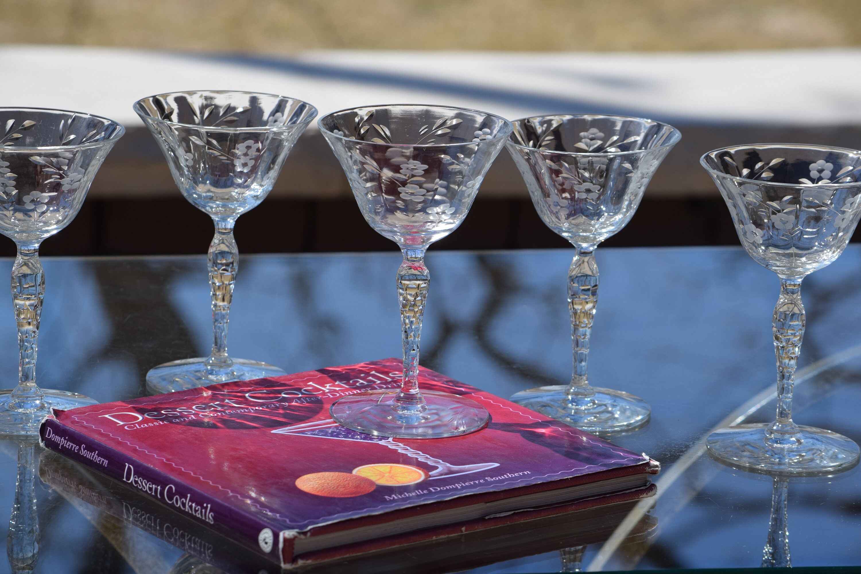 6 Vintage Etched Wine Liqueur Cordials, Faceted Stem 3 oz After Dinner