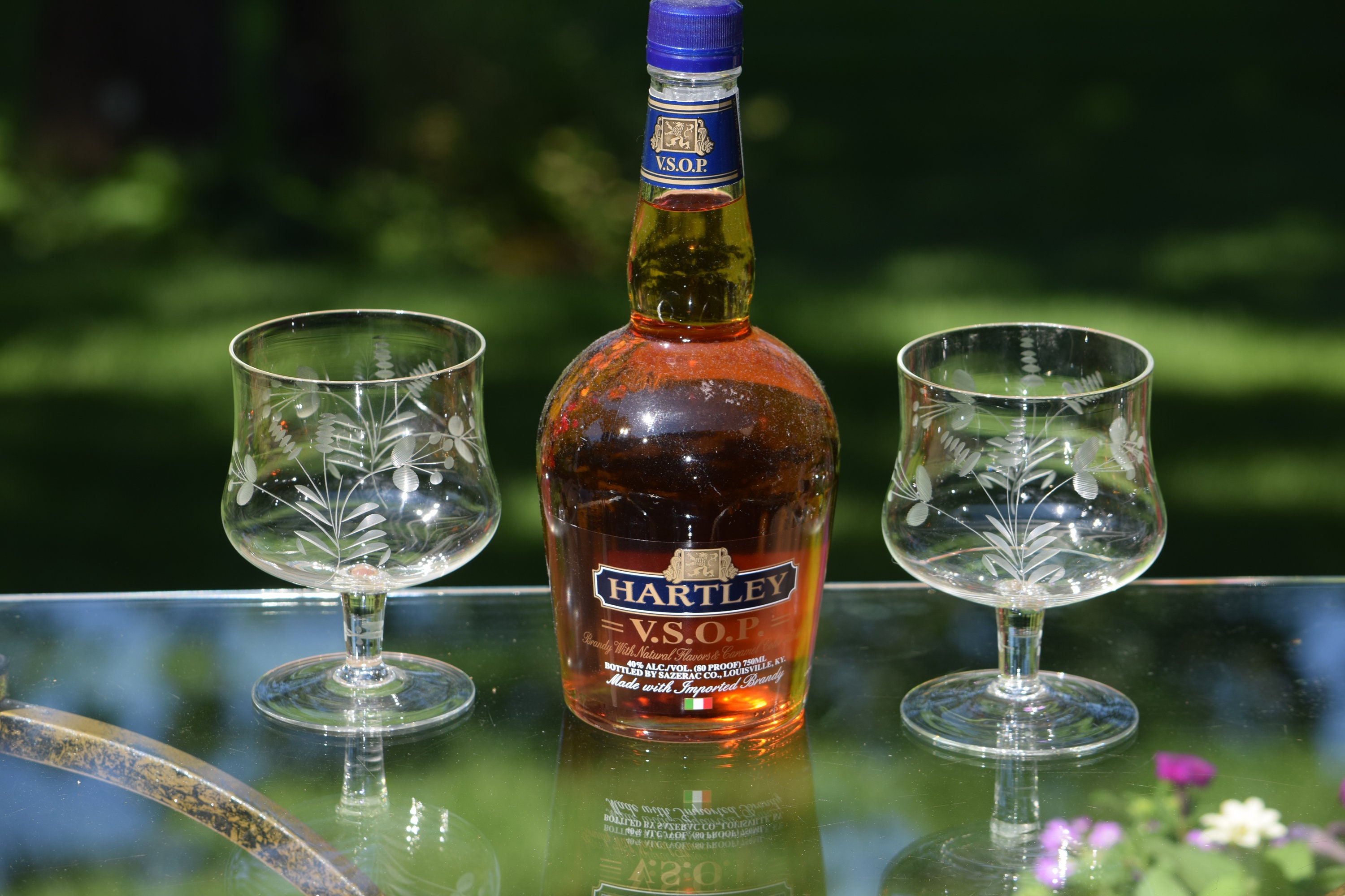 Vintage Etched Glass Brandy Snifter Glasses Cocktail Glasses, Set of 4, Vintage Etched