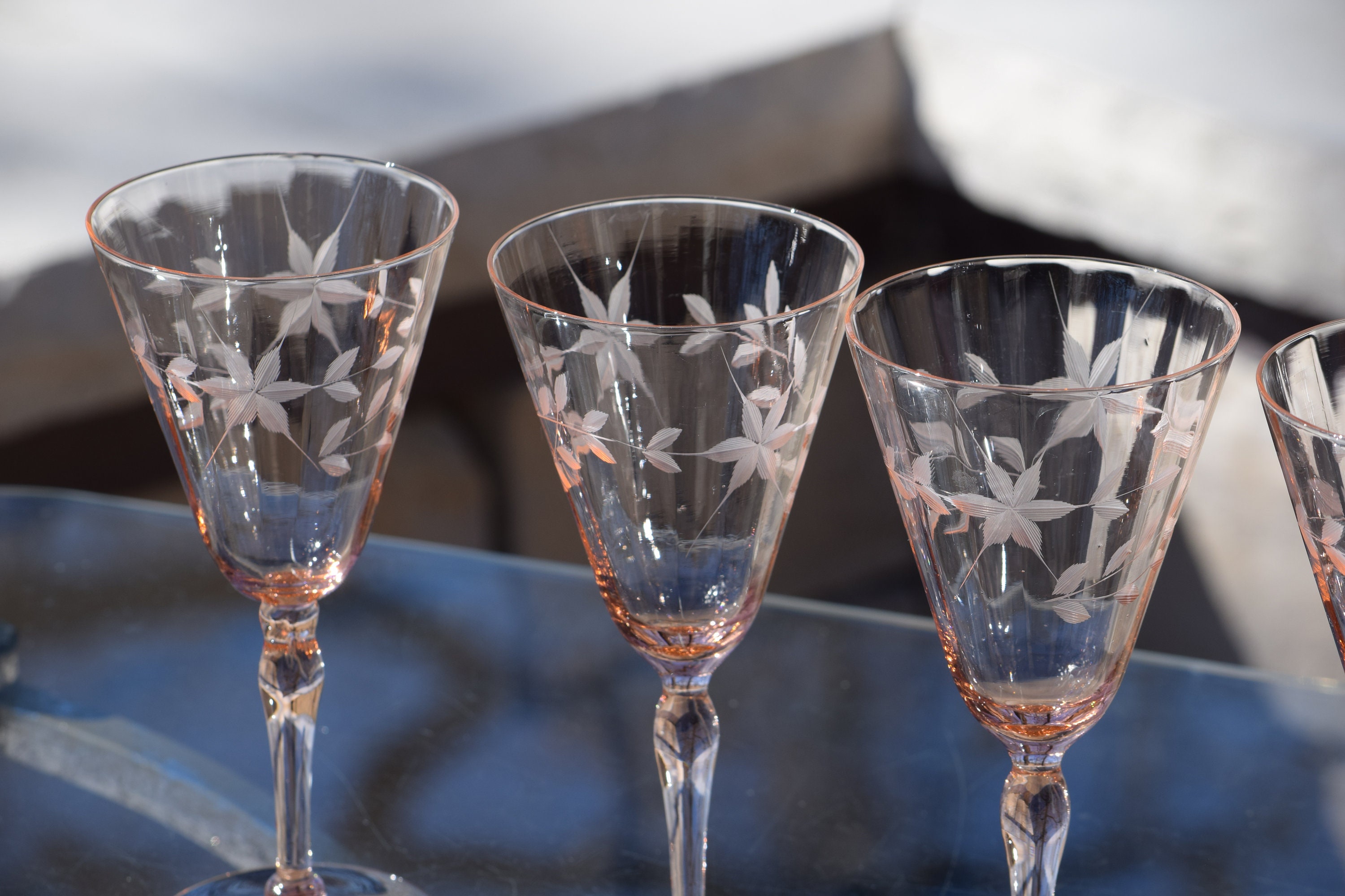 5 Vintage Etched Pink Optic Glass Wine Glasses,1950's, Vintage Pink