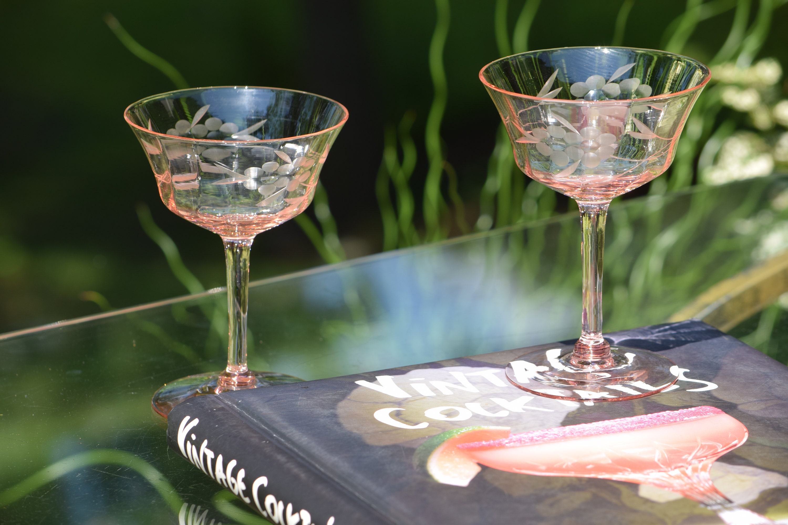Vintage PINK Etched Cocktail Martini Glasses, Set of 4, Mixologist