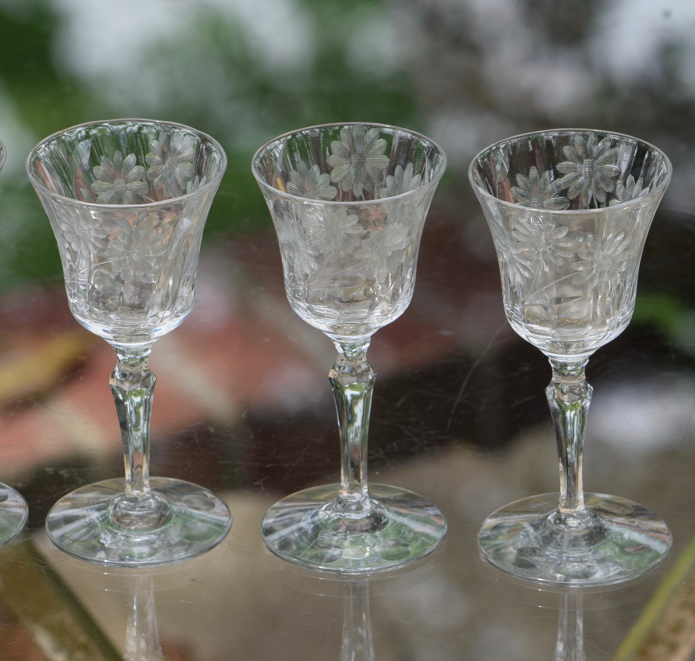 Vintage Etched Wine Liquor Cordials, Set of 5, Vintage After Dinner