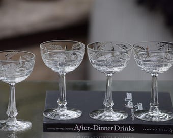 5 Vintage Etched Crystal Liqueur, Dessert Wine Glasses, Tiffin Franciscan, Chatham, 1950's, 4 oz Port Wine Glasses, Mini Cocktail Glasses