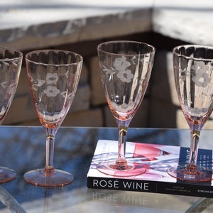 4 Vintage Etched Pink Optic Glass Wine Glasses, 1950's, Vintage Pink Depression Etched Wine Glasses, Elegant Pink Wine Glasses image 5