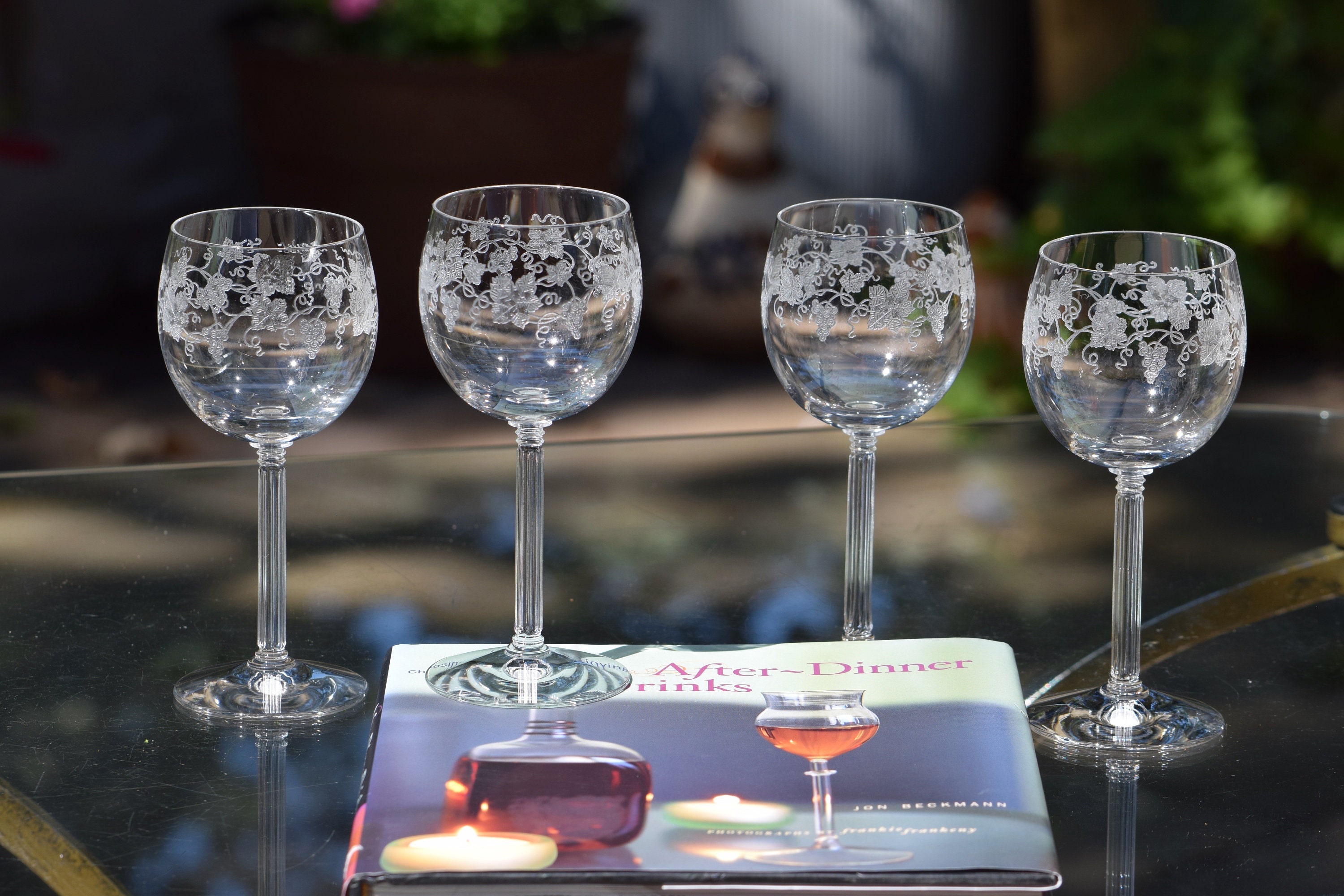 4 Vintage Etched Crystal Wine Cordial Glasses, Fostoria, Nectar, 1936