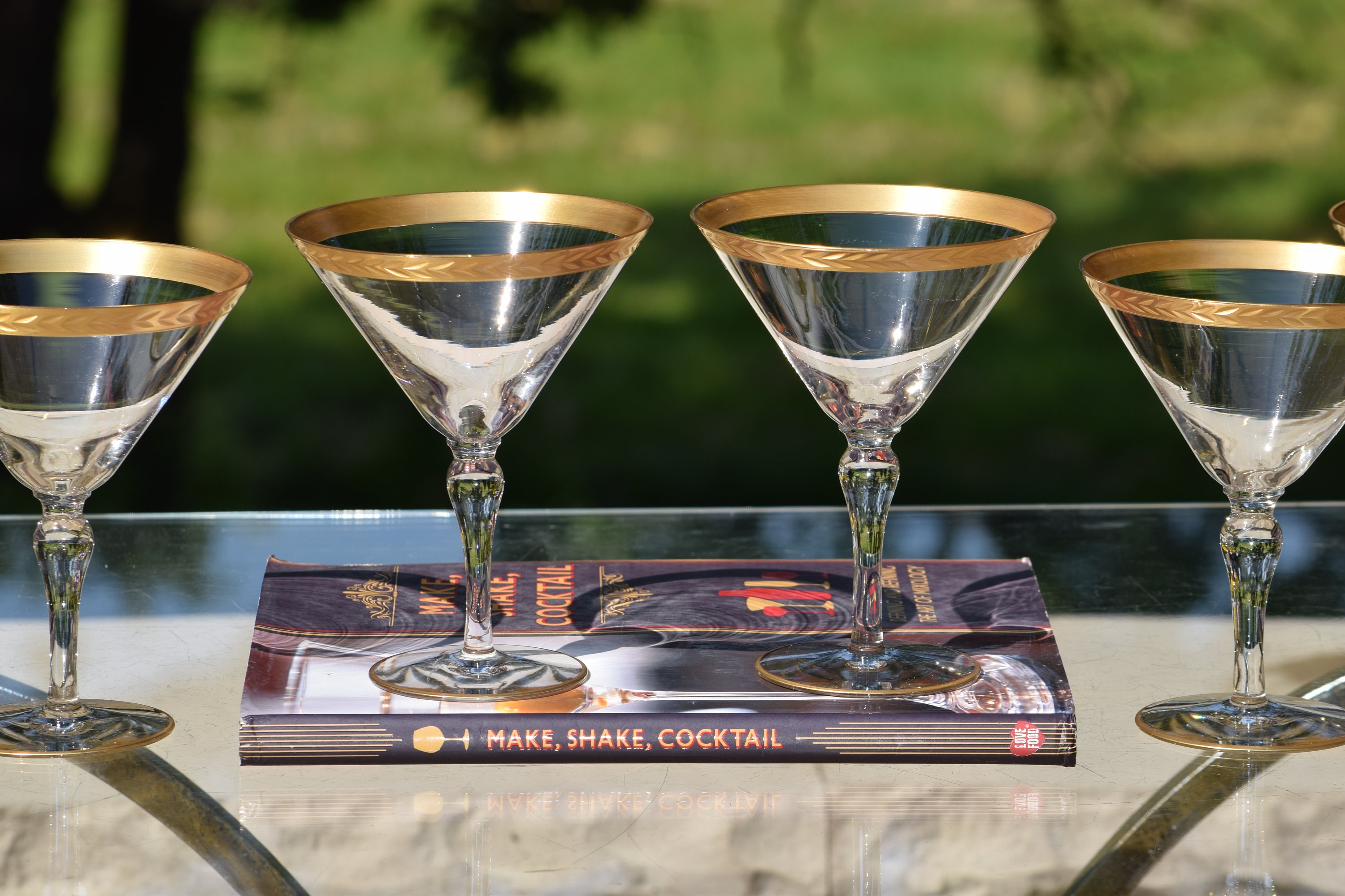 Set Of Two Ribbed Gold Rimmed Martini Glasses