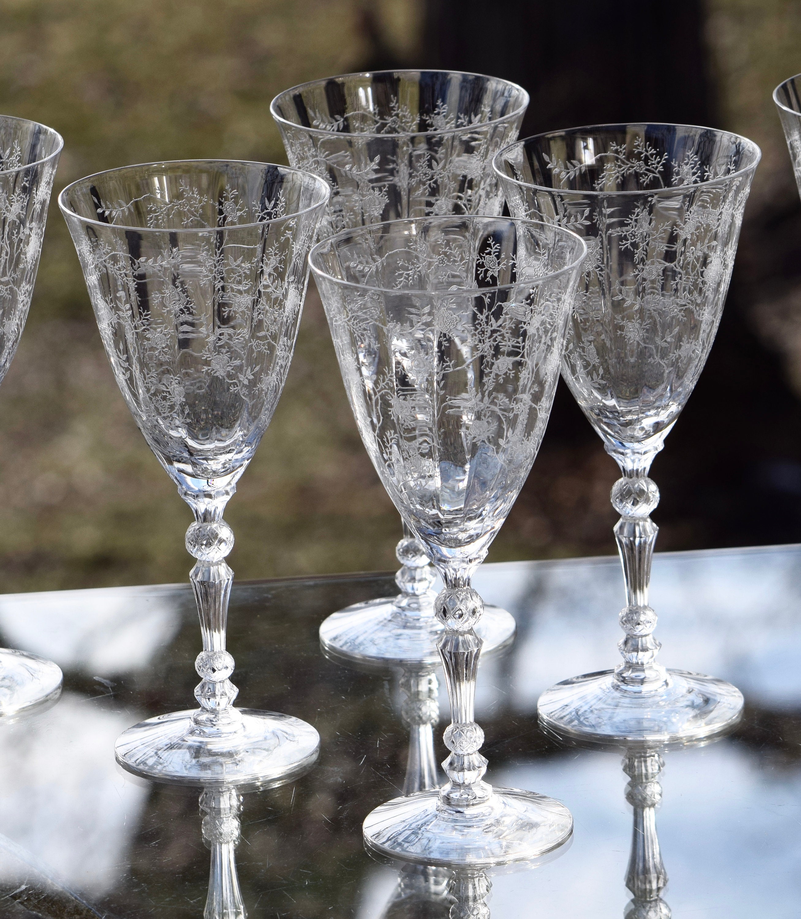 Vintage Needle Etched Crystal Wine Glasses Set Of 2 Fostoria Chintz