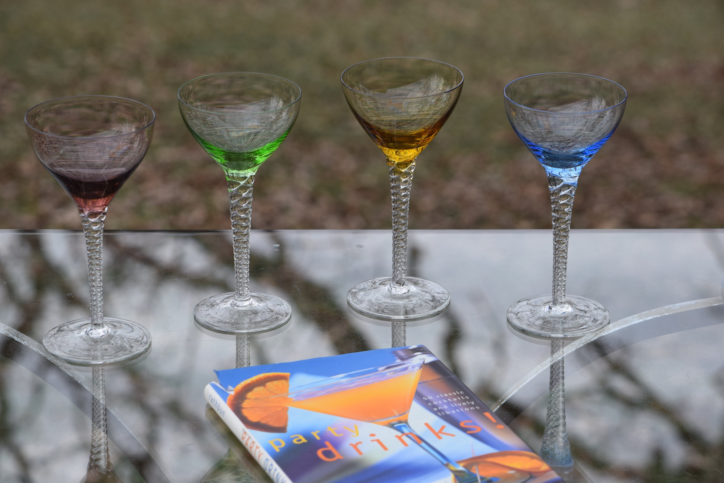 Multi Colored Wine Goblets Glasses Round Bowl Long Thin Clear Stem Etched  Glass