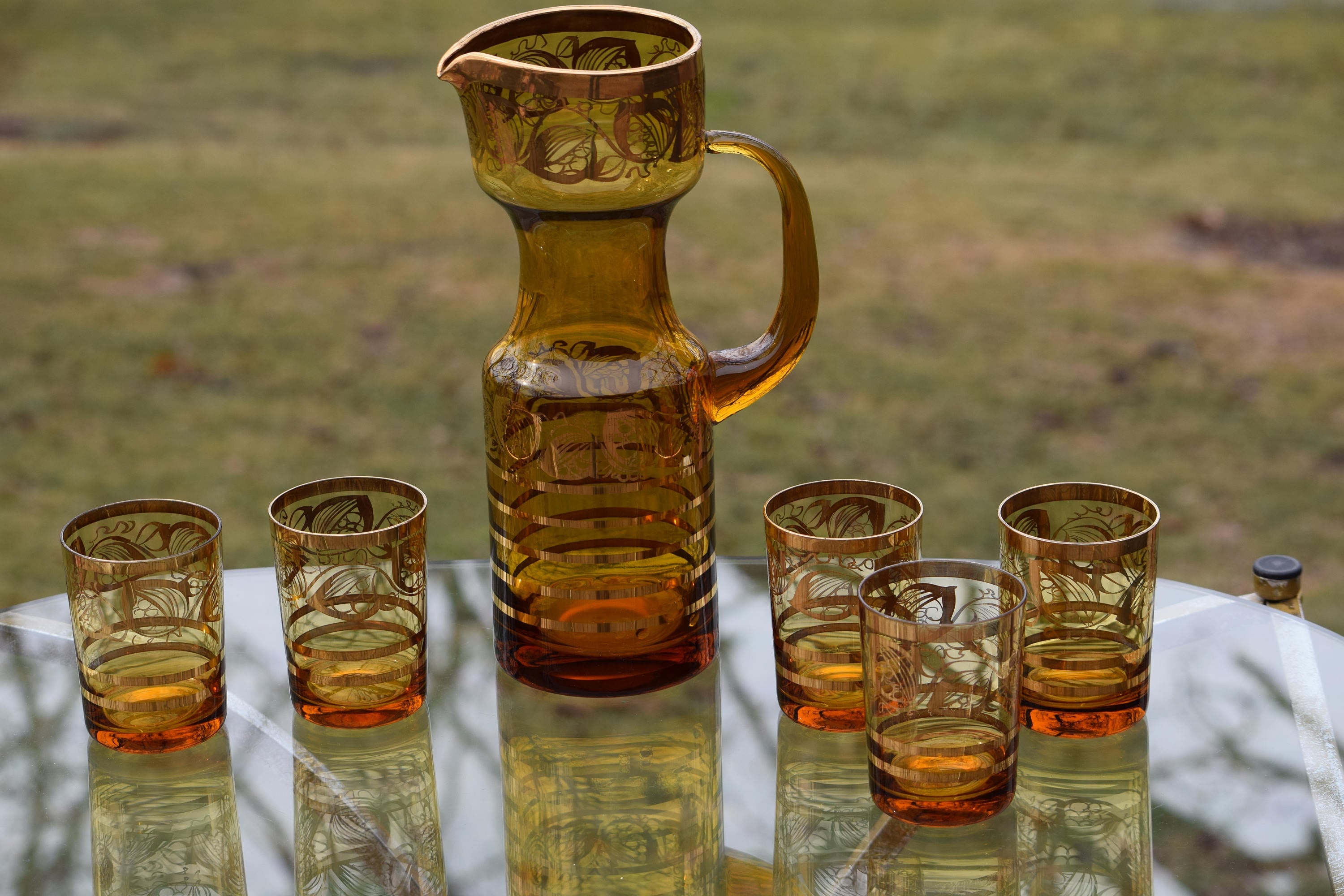 Vintage Cocktail Pitcher with glasses, 1950's Amber Glass- Polished Pontil,  Mid Century Amber Blown Glass Batch Cocktail Pitcher