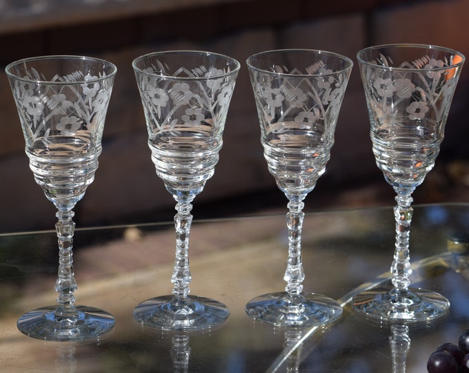 4 Vintage Etched Wine Glasses, Rock Sharpe, circa 1940's,  Antique Etched Wine Glasses ~ Water Goblets, Vintage Wedding Wine Glasses