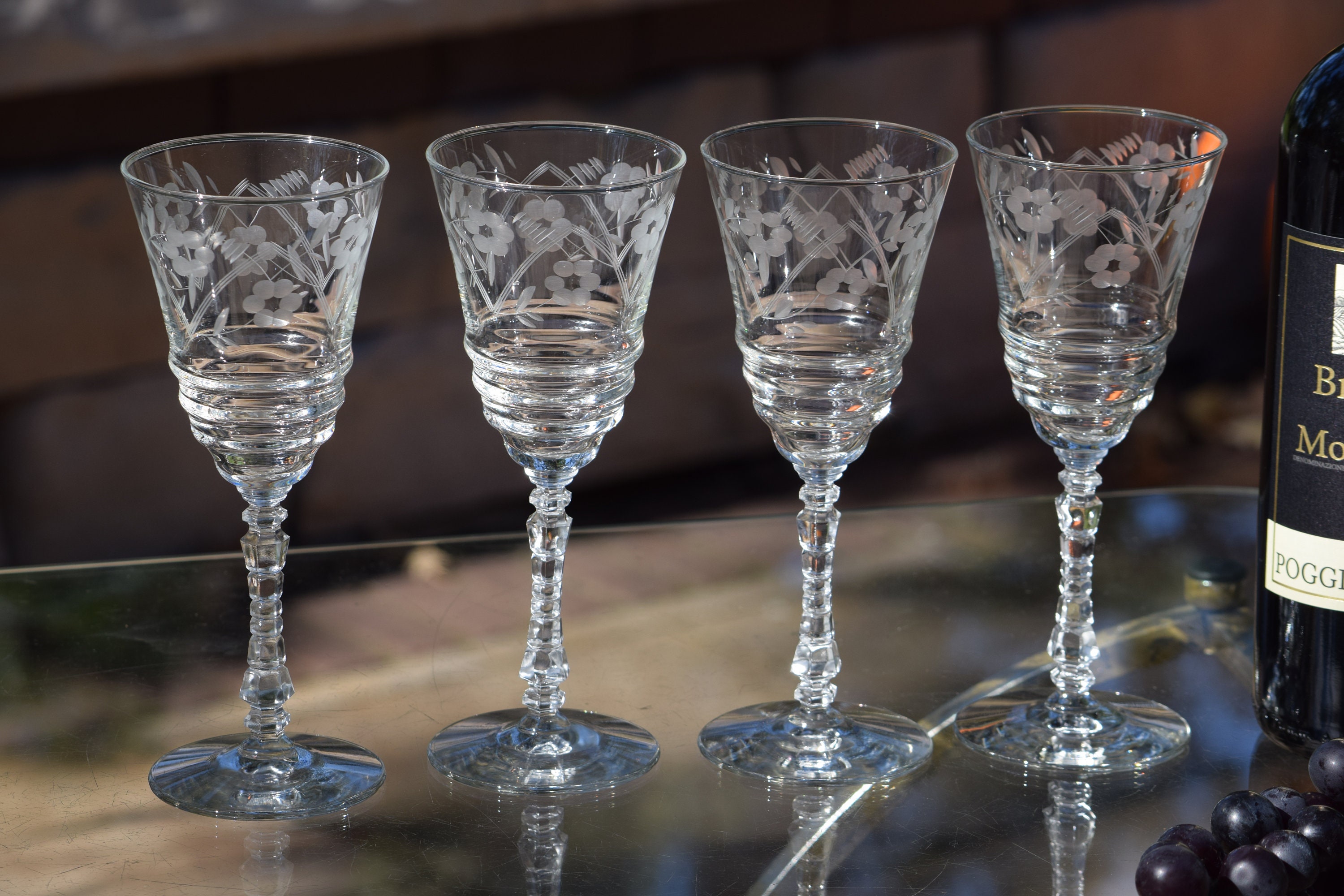 4 Vintage Etched CRYSTAL Wine Glasses, Rock Sharpe, 1950's, After