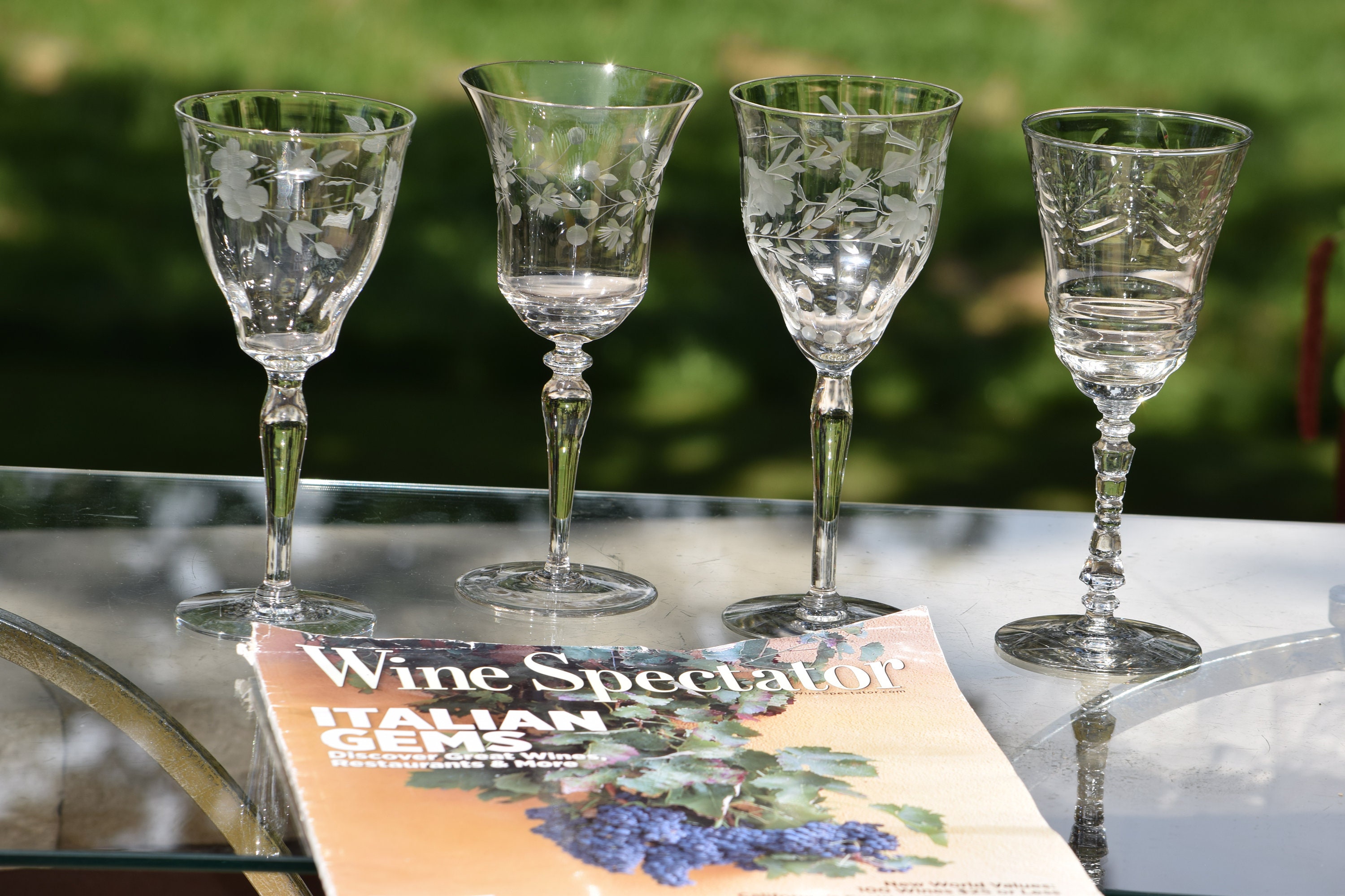 4 Vintage Etched Wine Glasses, Set of 4 Mis-Matched Etched Wine Glasses ...