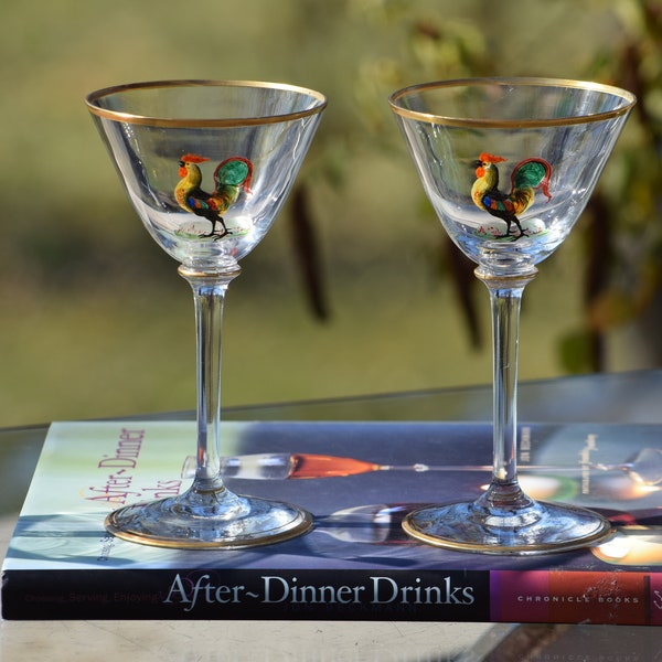 4 Vintage Hand Painted Rooster Liqueur ~ Wine Glasses, 1940's, Vintage After Dinner Drink 3.5oz Cordials, Dessert Cocktails ~ Sherry Glasses