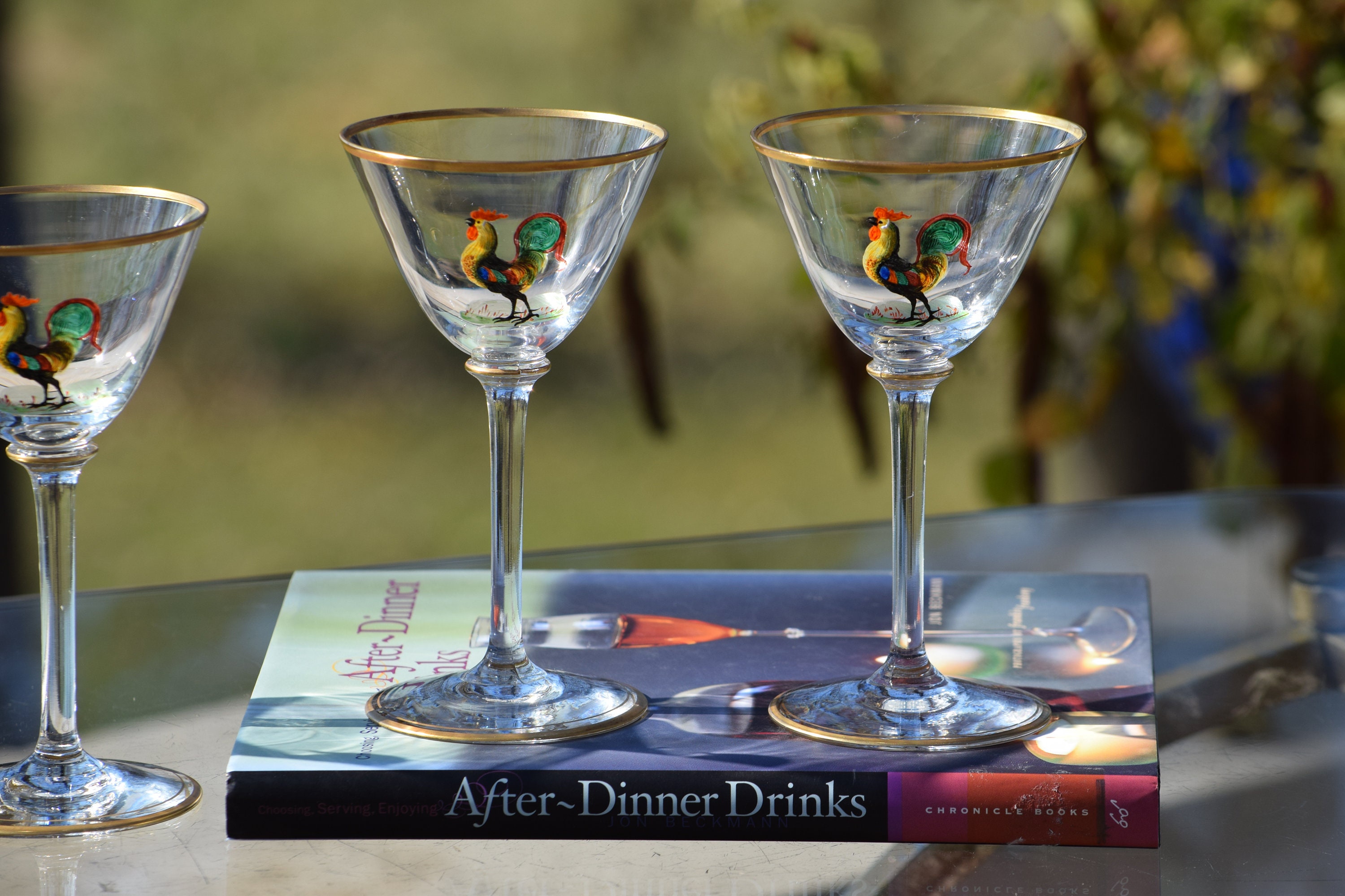 4 Vintage Hand Painted Rooster Liqueur ~ Wine Glasses, 1940's, Vintage  After Dinner Drink 3.5oz Cordials, Dessert Cocktails ~ Sherry Glasses