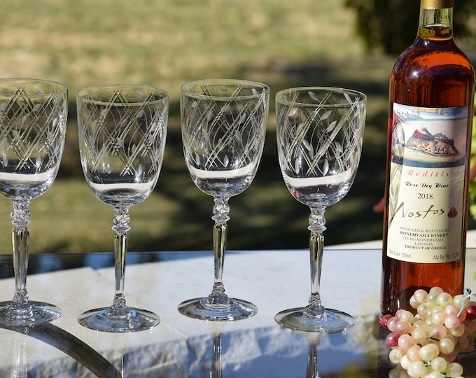 6 Vintage Etched Crystal Water Goblet - Wine Glasses, Fostoria, Trellis, 1950's, 10 oz Tall Crystal Etched Wine Glasses