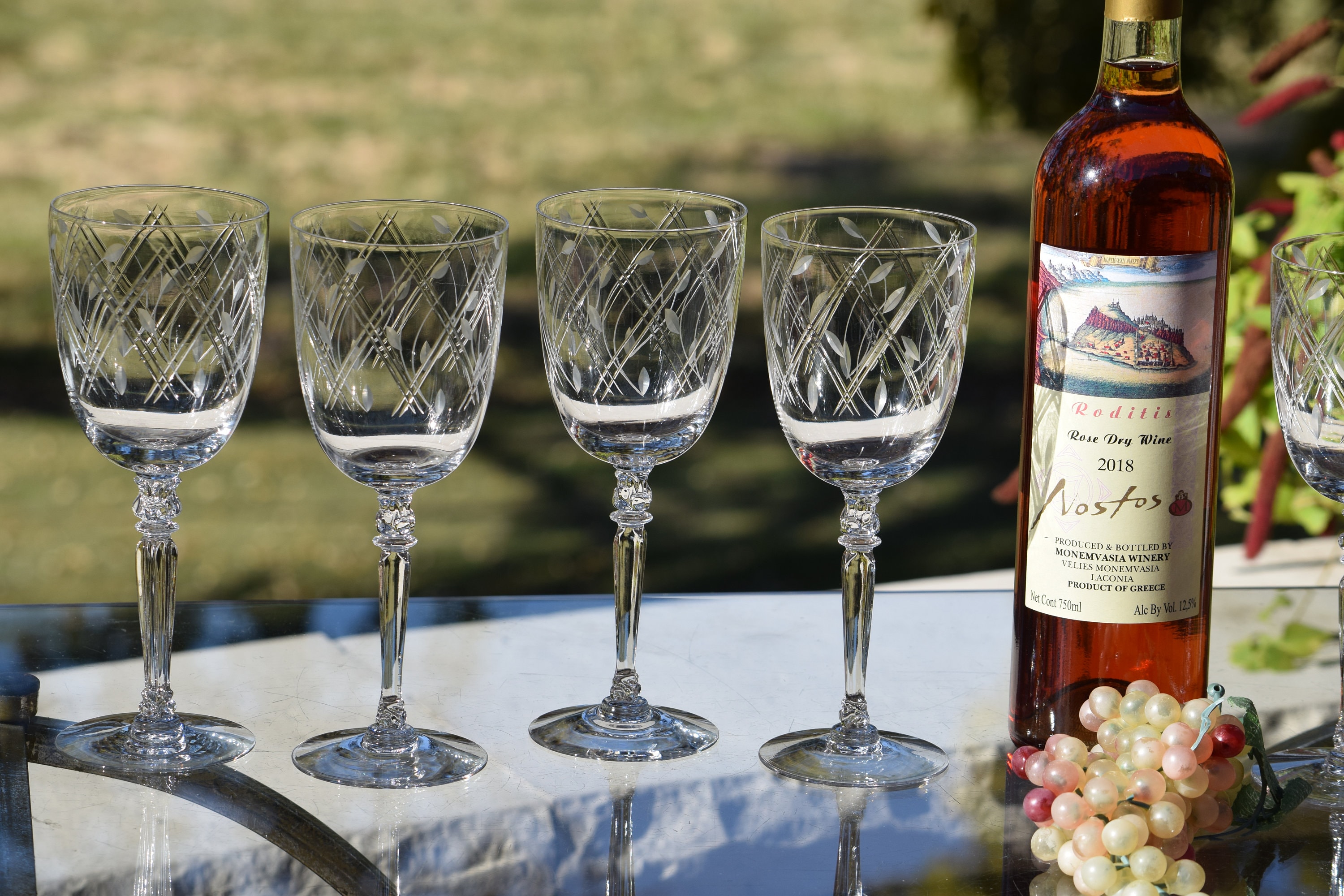 6 Vintage Etched Crystal Wine Glasses, 1950's, Tall Vintage Water