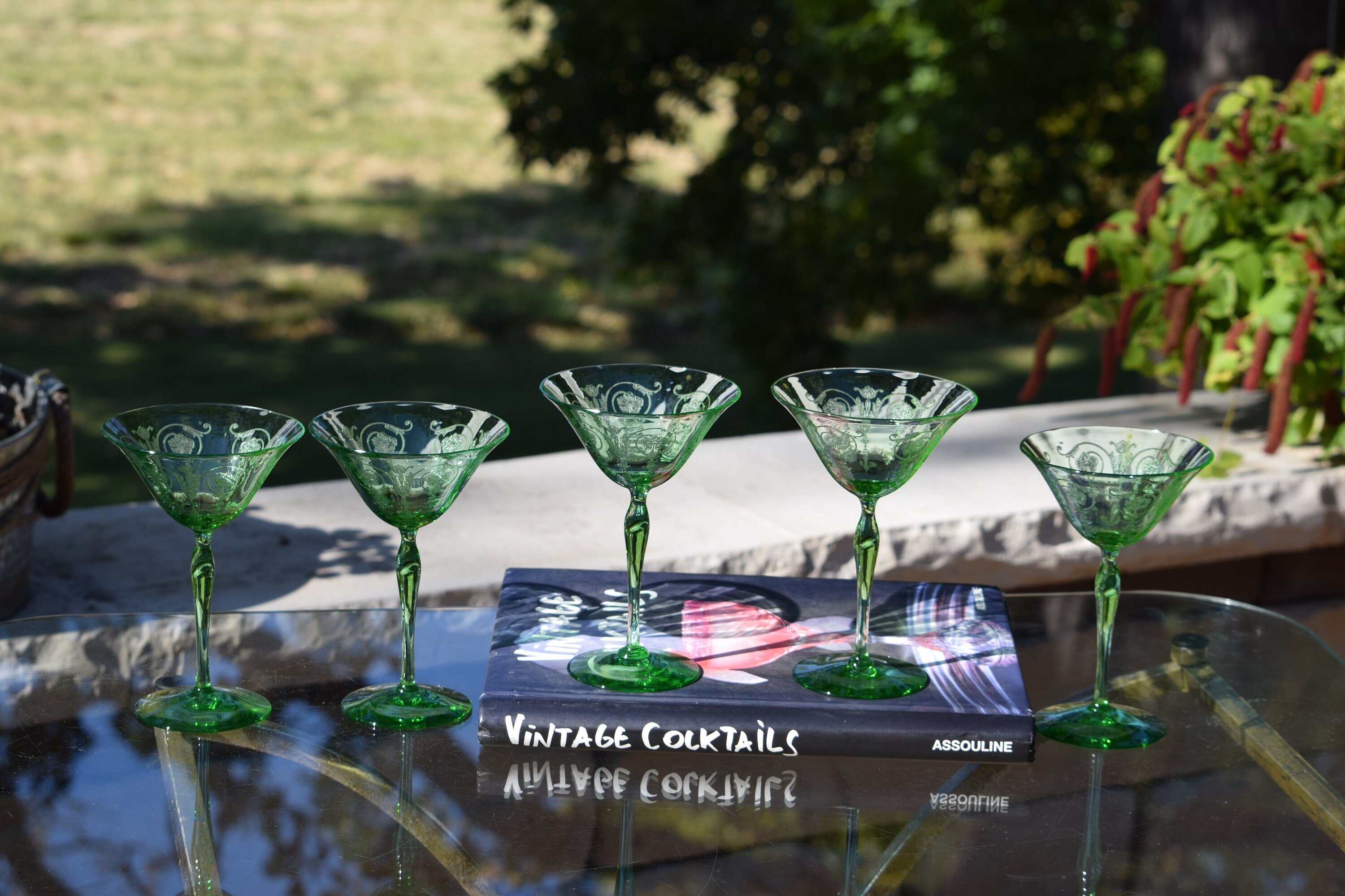 5 Vintage Green Etched Crystal Uranium Cocktail Glasses, Fostoria