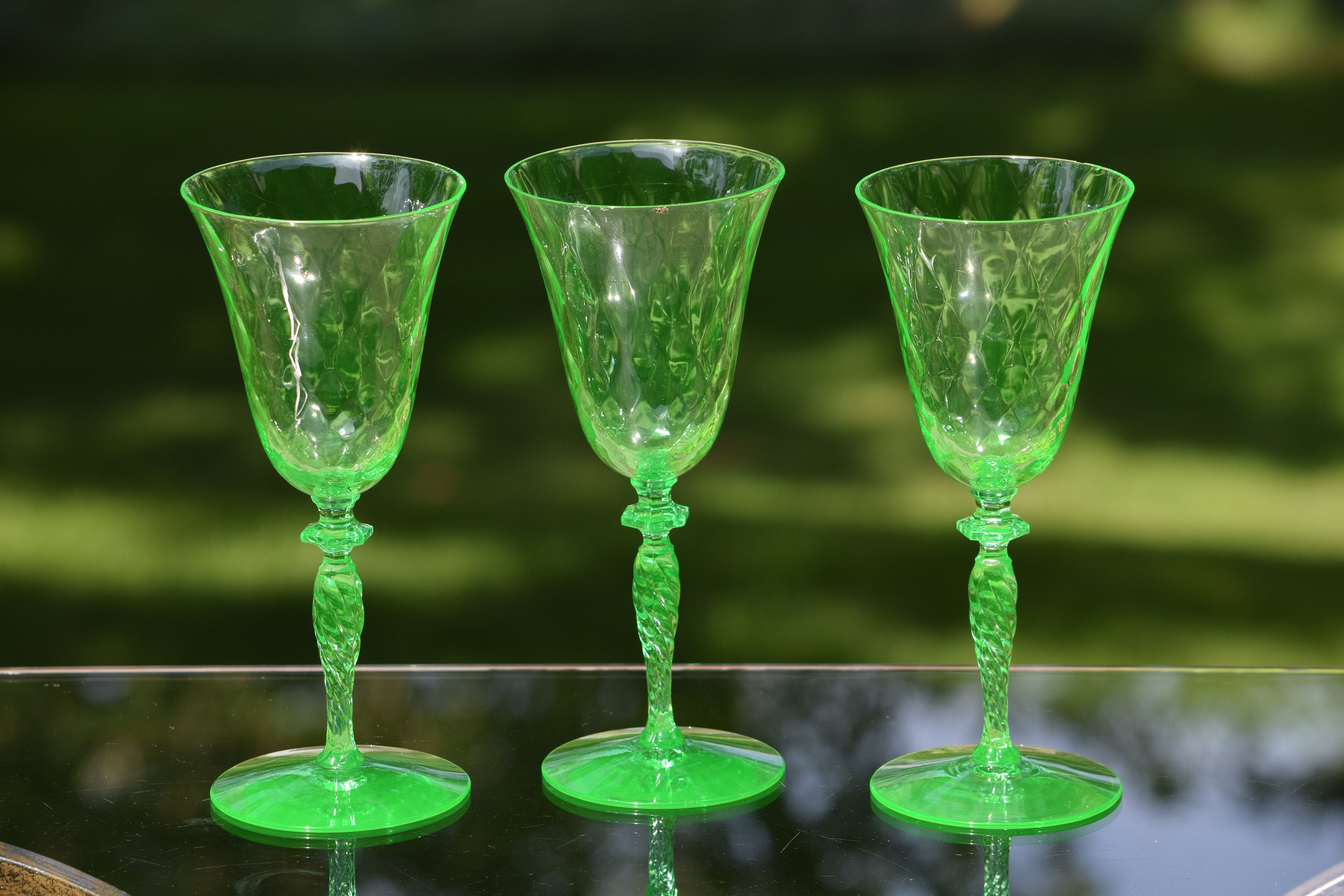 Vintage Green Diamond Optic Wine Glasses, Set of 3, Green Vaseline Wine
