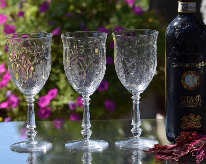 Vintage Rock Sharpe Etched Crystal Wine Glasses - Set of 5, 1940's, Vintage Glassware