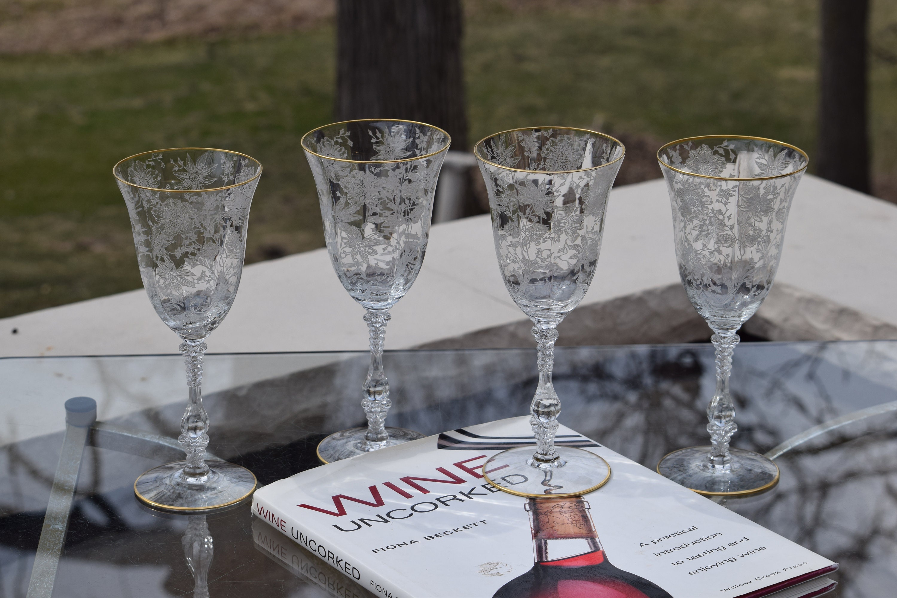 4 Vintage Etched Crystal Wine Glasses, Cambridge, 1940's, Crystal Water  Goblets