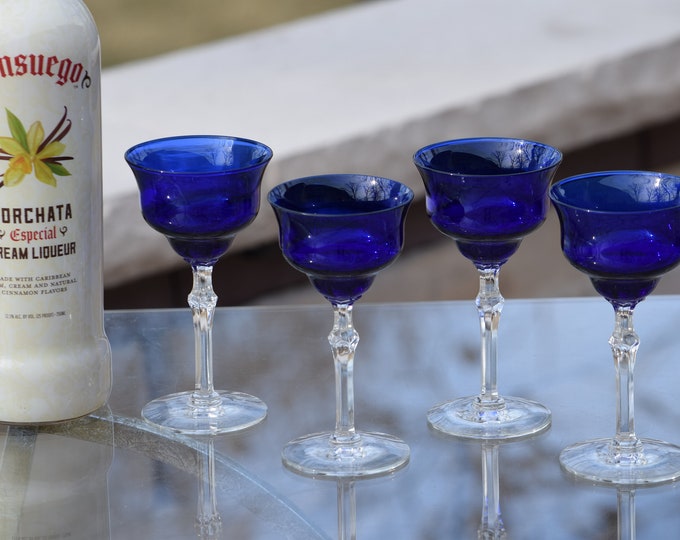6 Vintage Cobalt Blue Wine~ Liqueur Cordials, Louie Glass Co, c. 1930's, 3 oz After Dinner Drinks, Limoncello Dessert Wine