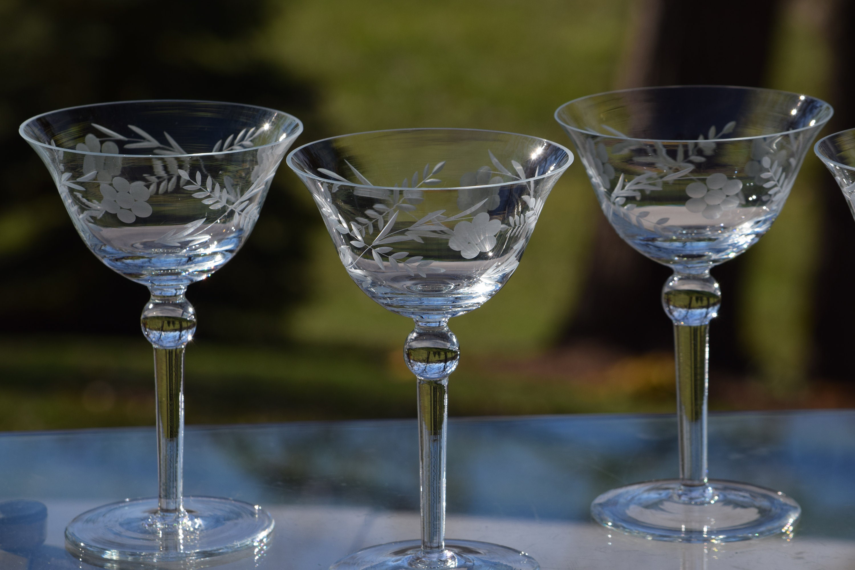 4 Vintage Etched Cocktail Martini Glasses, 1950's, Mixologist Craft