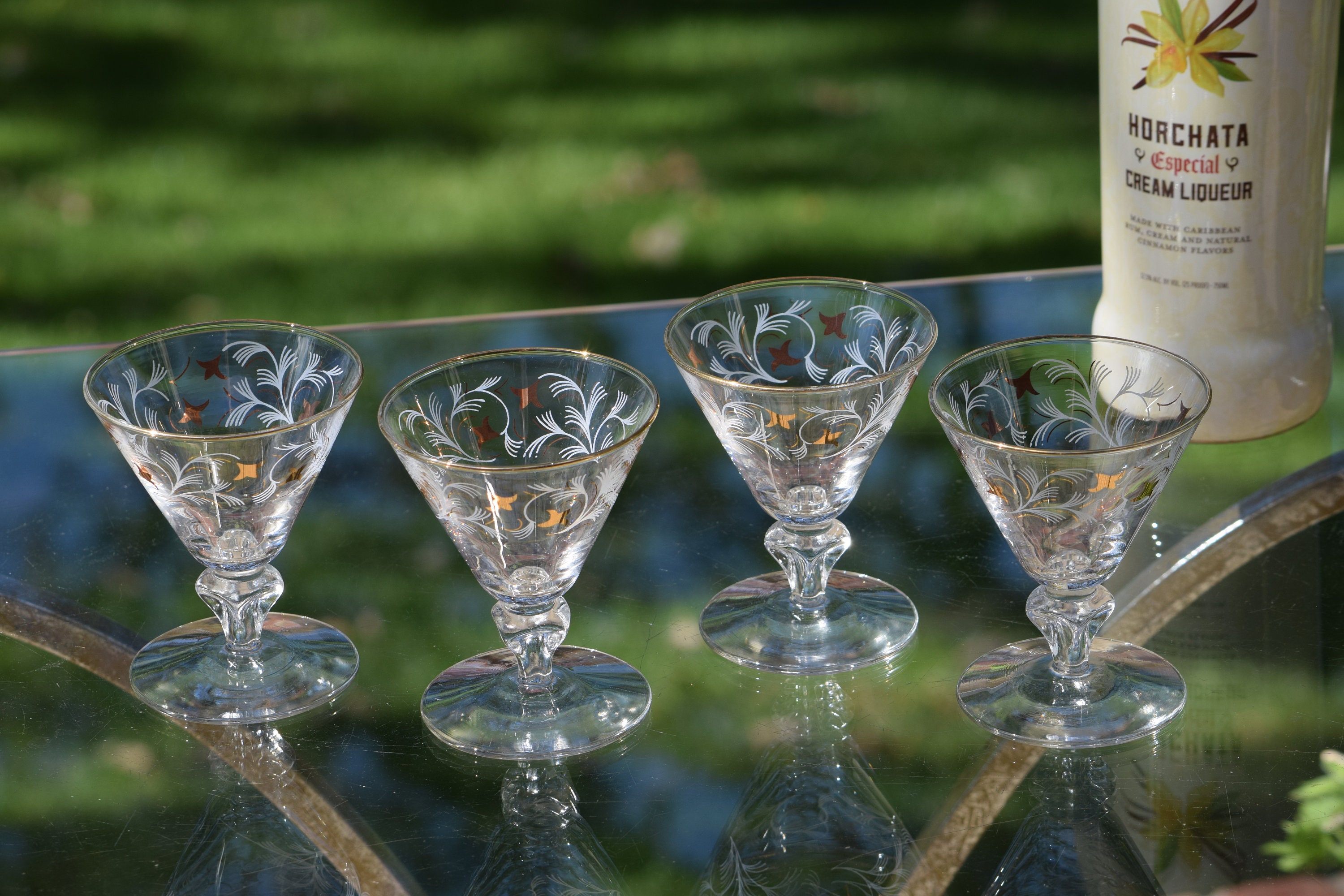 6 Vintage Cocktail Glasses with Gold and White Designs, Libbey