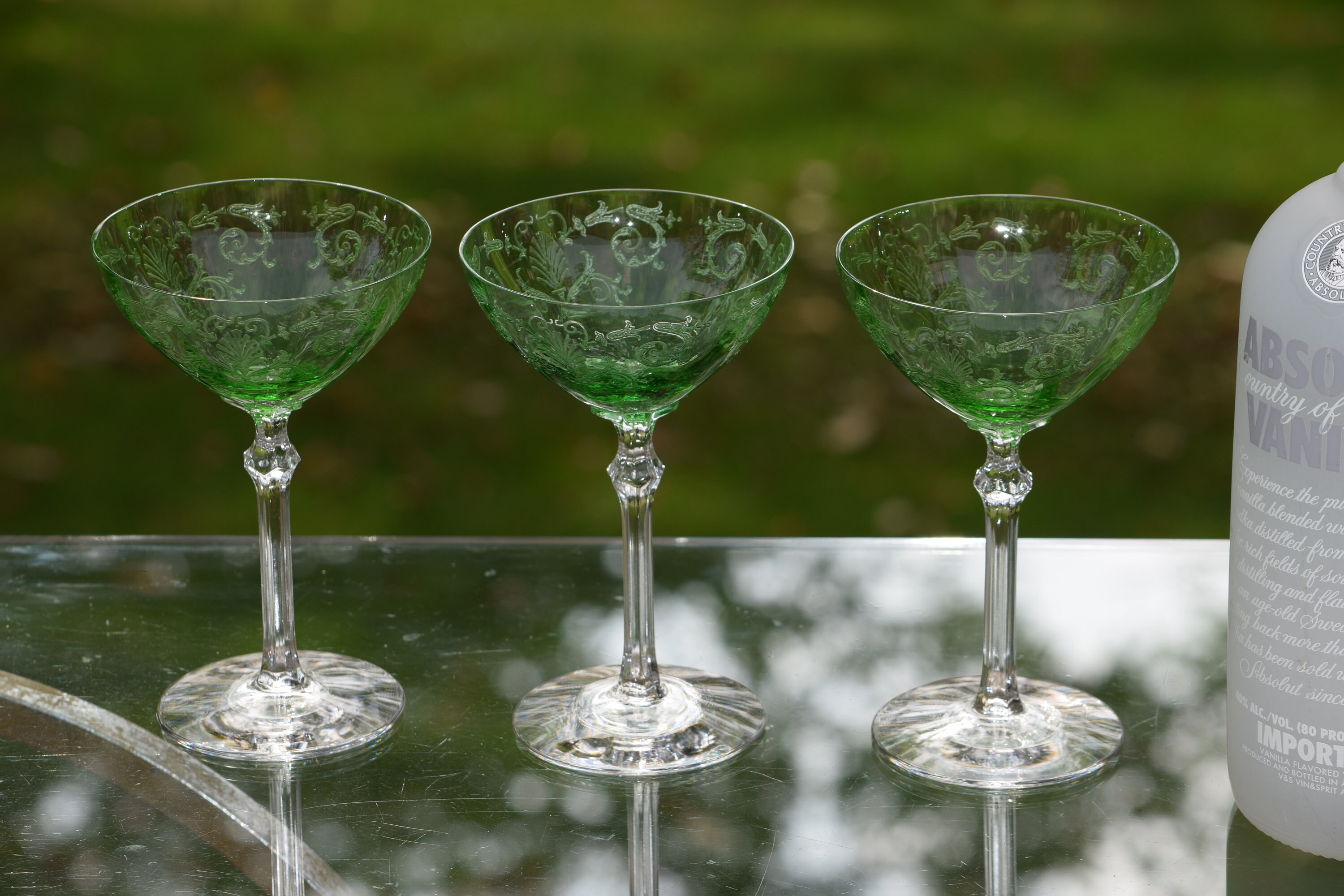 Vintage Art Deco Green Cup Clear Stem Cocktail Glasses