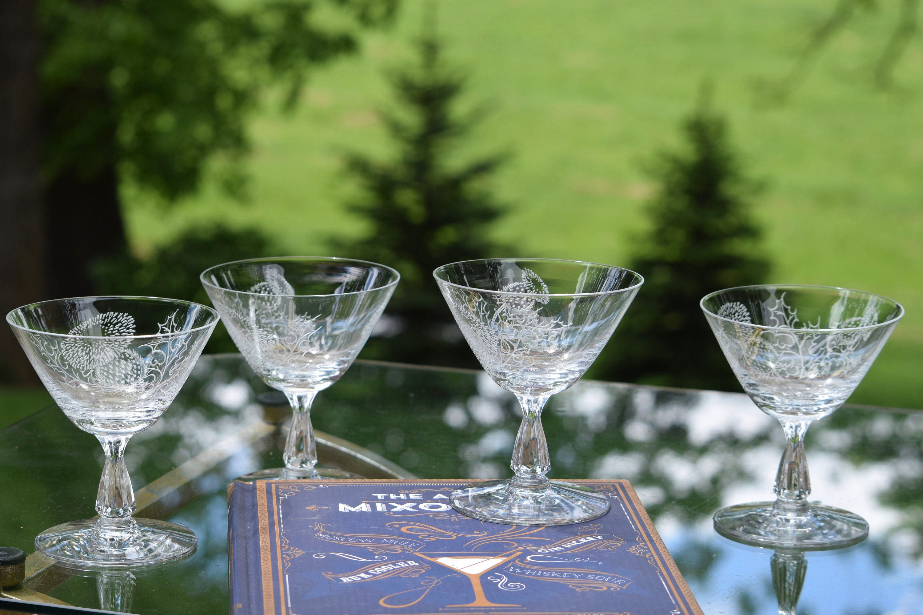 Vintage Etched Cocktail Martini Glasses, Set of 4, Fostoria, Thistle