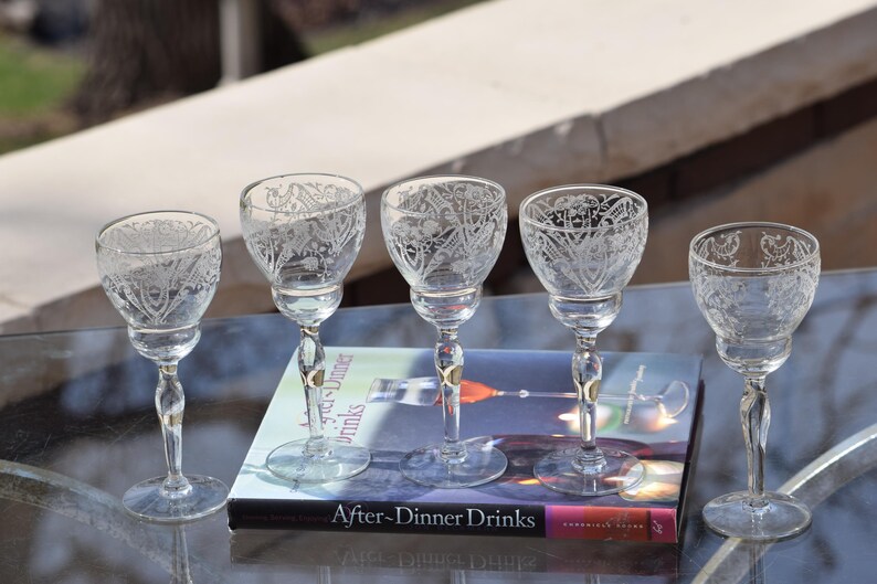 Port Diffin Vintage Etched Port Wine Glasses - Tiffin Franciscan Etched Cordials ...