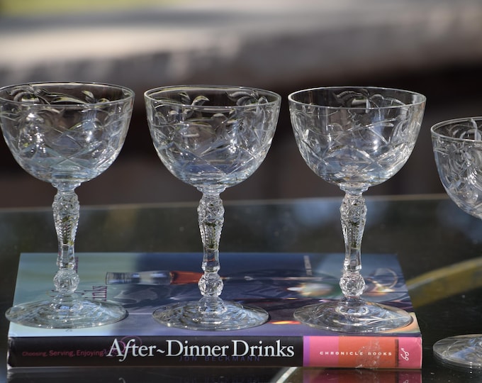 LITTLE SIPS? 6 Vintage Etched Port Wine ~ Liqueur Glasses,  Heisey, Nomad, 1930's, 3 oz Port-Dessert -Mini Martinis - After Dinner Drink