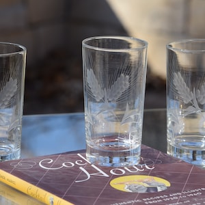4 Vintage Etched Highball Glasses, 1950&#39;s, 12 oz Cocktail Whiskey Bourbon Highball Glasses, Mixologist Craft Cocktail Glasses