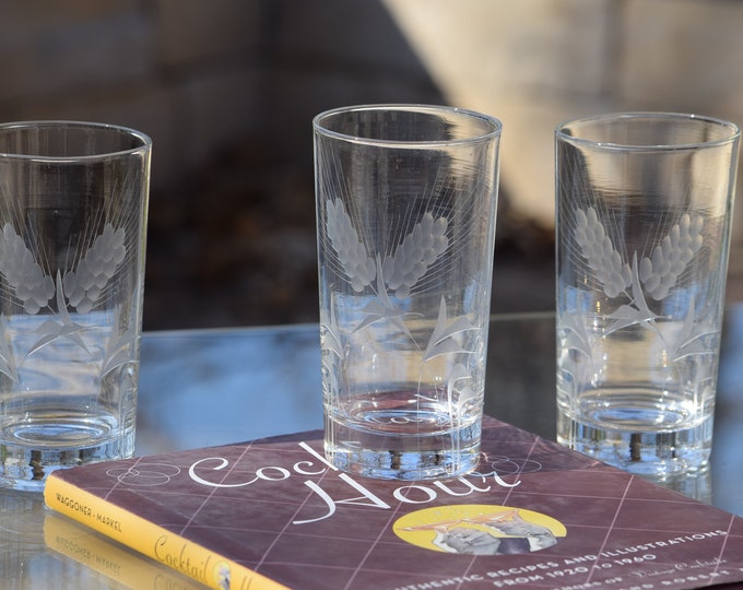 4 Vintage Etched Highball Glasses, 1950's, 12 oz Cocktail Whiskey Bourbon Highball Glasses, Mixologist Craft Cocktail Glasses