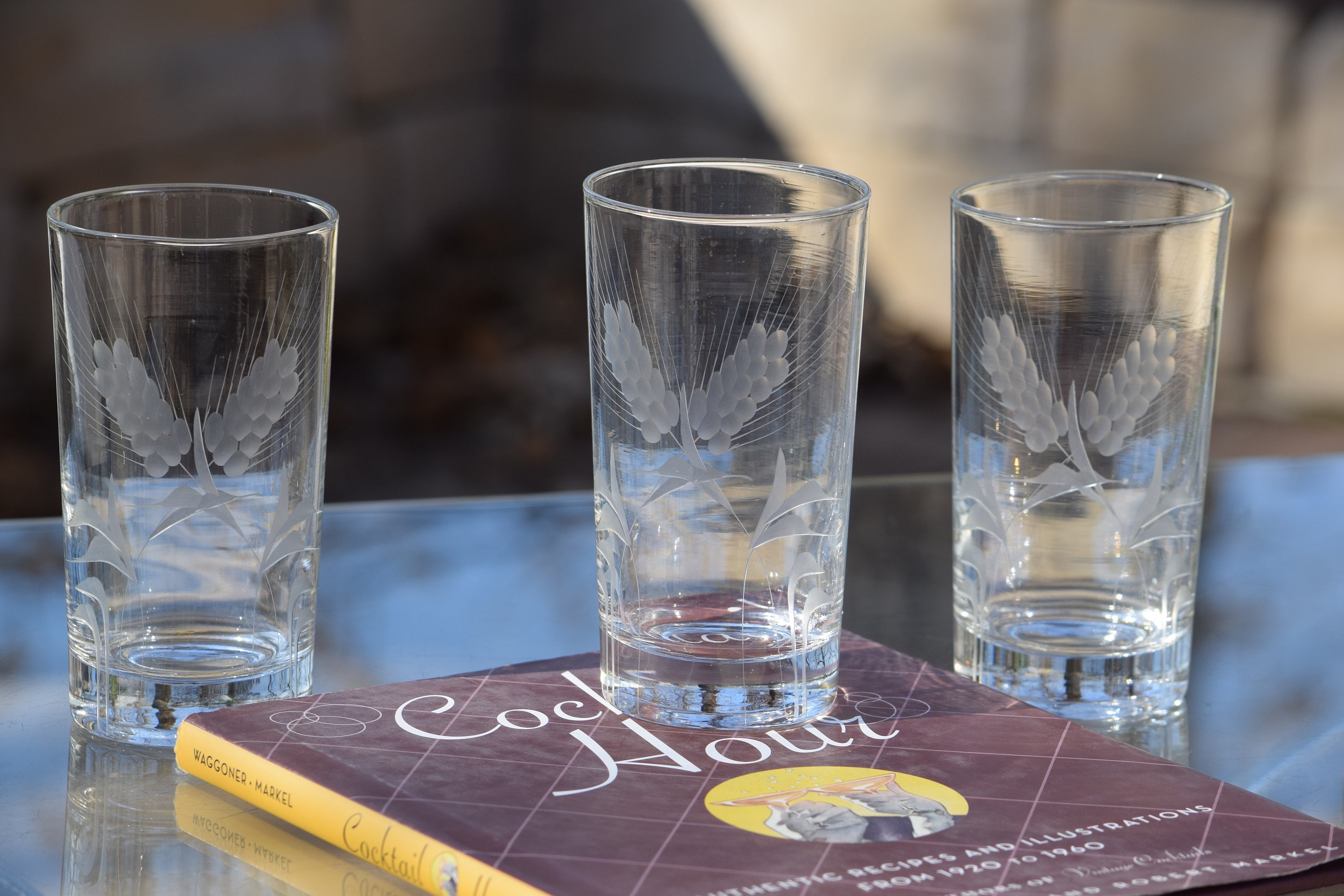 4 Vintage Etched Highball Glasses, 1950's, 12 oz Cocktail Whiskey