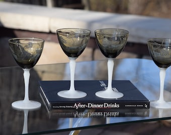 6 Vintage Etched Wine ~ Liqueur Glasses, H.C. Fry, 1930's Grey with White Stem 4 oz Cocktail ~ After Dinner Drinks~Port, Dessert Wine Glass