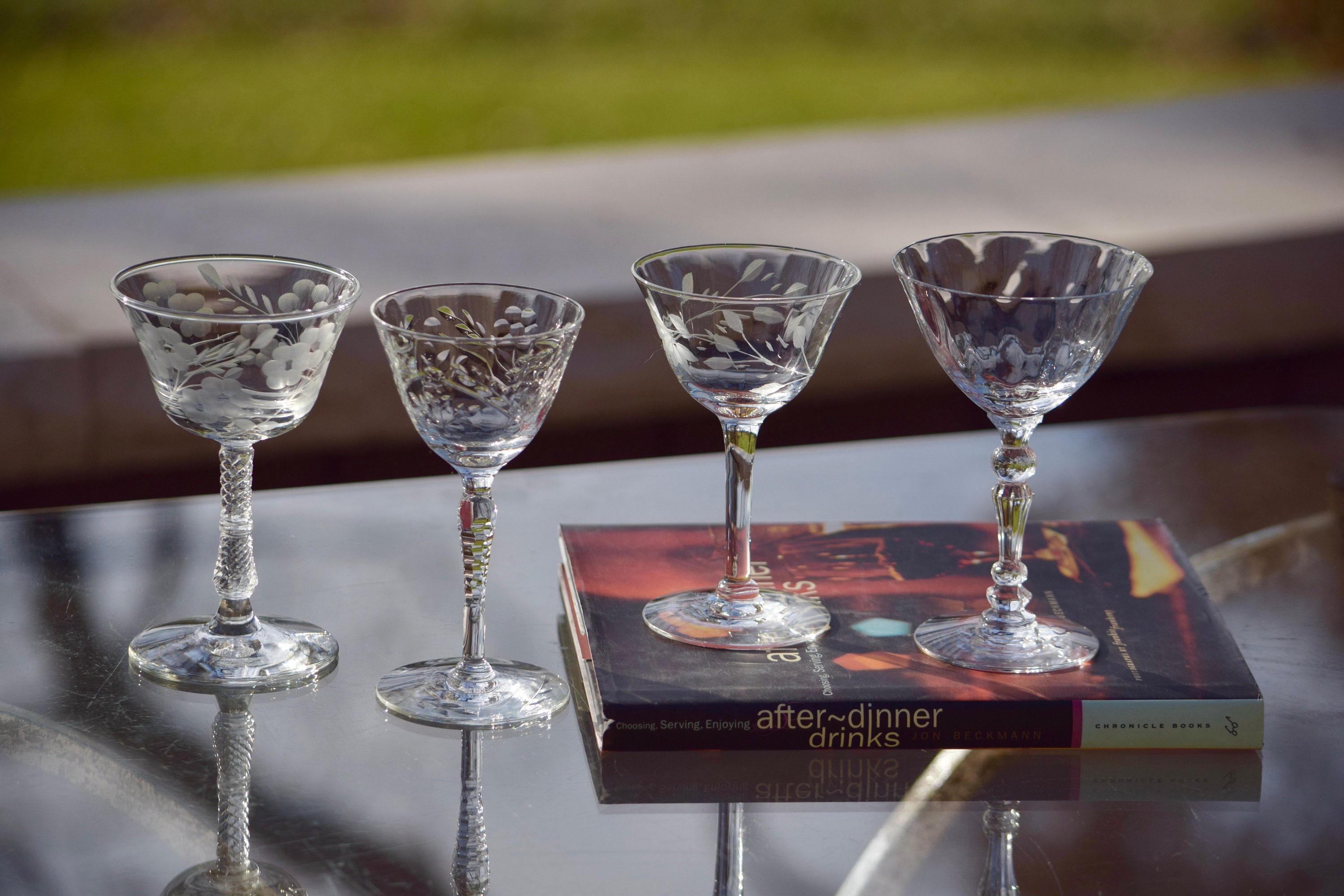 4 Vintage Etched Wine Liquor Glasses, Set of 4 MisMatched 3 oz